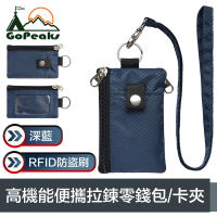 【GoPeaks】高機能便攜RFID防盜刷拉鍊零錢包/證件卡夾 深藍
