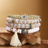 4ชิ้น/เซ็ต Bohemian สร้อยข้อมือ Charm กำไลข้อมือสำหรับผู้หญิง Boho ดอกไม้พู่กำไลข้อมือกำไลข้อมือสร้อ