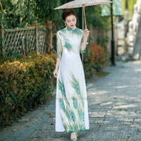 2024 vietnam aodai dress traditional chinese vintage qipao dress national peacock print improved cheongsam oriental qipao dress