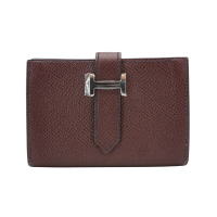 Hermes 展示品 Mini Bearn Epsom牛皮銀Logo對折卡片零錢夾(馬鞍紅)