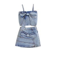 1-6Years Girl Denim Outfit Bow Square Neck Spaghetti Strap Tops Split Hem Skirt Summer 2 Piece Set for Toddler Girls