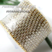 SS6-SS16(2mm-4mm) 10yards/roll Clothes sewing Cup Rhinestone chain gold base shiny crystal Sewing Style DIY Accessories