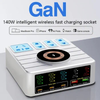 140W GaN Wireless Charger PD 100W USB Intelligent Socket Tablet Fast Charging Station For Macbook Iphone 15 14 Samsung Notebook