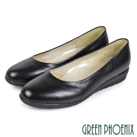 【GREEN PHOENIX 波兒德】女款台灣製OL通勤入門款寬楦素面全真皮小坡跟娃娃鞋/上班鞋/面試鞋(黑色)