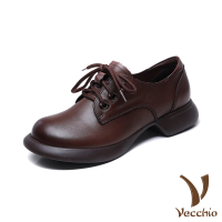 【Vecchio】真皮皮鞋 粗跟皮鞋/全真皮頭層牛皮大圓頭繫帶百搭粗跟小皮鞋(棕)
