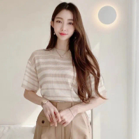【創翊韓都】韓國空運 清新條紋配色短袖針織衫FAVE-0011-創翊韓都(現貨)