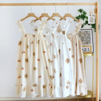 Printed Sling Pajama Dress for Nightwears Women's Summer Cotton Slim Sleepwear Loose Medium Length Cartoon Pijama Clothes