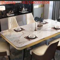 Modern Luxury Dining Table Set For Kitchen Furniture Marble Table Top Metal Table Frame Leather Dining Chairs