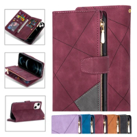 For Apple iPhone 13 11 XS 12 Pro Max mini X XR Luxury Splice Leather Case multi-Card Holder Zipper Wallet BagPhone Cover
