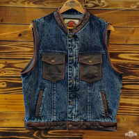 เสื้อกั๊กผ้ายีนส์&หนังแท้ Full Grain OLDMAN Vest 2102 – Denim Leather