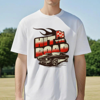 Kaos Pria Lengan Pendek Putih Hit The Road Motif Grafis Mobil untuk Aktivitas Luar Ruangan