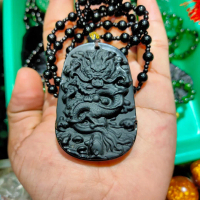 Kalung Liontin Batu Akik Giok Hitam Black Jade Motif Naga Macan Unik