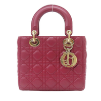 【二手名牌BRAND OFF】Dior 迪奧 深紅色 羊皮 籐格紋 Lady Dior 兩用包 金扣 50-MA-1118