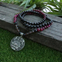 8mm Rose Tiger's Eye And Black Onyx Beads Necklace,With Lotus Pendant design Mala,108 Bead Mala, Mala Jewelry, Mala Prayer Beads