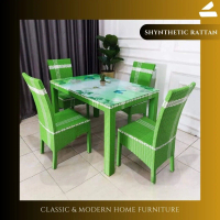 MEJA MAKAN 4 SEAT KURSI ROTAN SINTETIS SET JOK BANTAL DUDUKAN / DINNING SET RUANG MAKAN KELUARGA DES