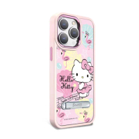 【apbs】三麗鷗 iPhone 14 Pro Max/14 Pro/14 Plus/14 軍規防摔鋁合金鏡頭框立架手機殼(熱帶凱蒂-粉框)