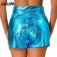Womens Versatile Metallic Shiny Hot Pants High Waist Back Pockets Solid Color Shorts Carnival Disco Party Pole Dance Clubwear