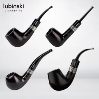 LUBINSKI Bent Straight Style Ebony Pipe Wooden 9MM Tobacco Pipe Silver Round Decoration with Pipe Bag Smoke Accessories