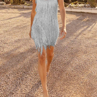 Women s Tassel Glitter Dress 1920s Solid Color Sleeveless Sequins Tassel Flapper Sparkly Mini Dress Latin Dance Dress