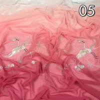 1/3/5M Chinese Classic Red-crowned Crane Printed Chiffon Embroidery Fabric 50D Gradient Tulle Fabric For Diy Sewing Hanfu Dress