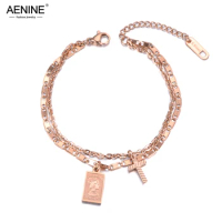 AENINE Double Layers Retro Cross Tag Charm Bracelet Elizabeth Coin Jewelry Titanium Steel Chain &amp; Link Women's Bracelet AB19043