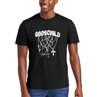 Kaos Pria Lengan Pendek Hitam dengan Motif Salib Rosario GODSCHILD untuk Pakaian Santai