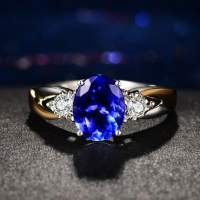 鍍銀混色藍寶石戒指四爪坦桑石藍水晶鉆戒活口歐美女飾品