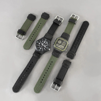 【CASIO 卡西歐】18mm / 適用AE-1200WH / MRW-200H 凸口替用錶帶 尼龍帆布錶帶(黑色/軍綠色)