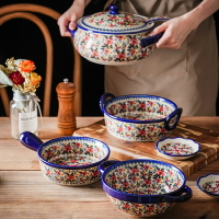 波蘭彩繪民族風餐具雙耳大湯碗外貿盤碗碟泡面碗烤盤出口陶瓷套裝