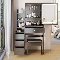 Black Makeup Vanity Desk Chair Set with LED Lights Mirror Cabinet Organizer Dresser Table Bedroom Bathroom – Wood Furniture 4