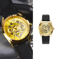 【GUESS】金色系 三眼日期顯示腕錶 鏤空錶盤 黑色亮皮革錶帶 手錶 情人節(GW0389G2)