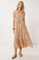 Happiness Istanbul Women's Milk Coffee Patterned Halter Neck Summer Viscose Dress Fk00029