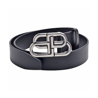 BALENCIAGA 經典復古金屬雙B LOGO釦環牛皮腰帶/皮帶(黑)