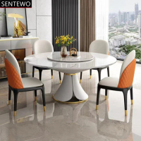 Luxury Rock Slab Kitchen Round Dining Tables and Chair Leather Stainless Steel Gold Frame Faux Marble Table Geschirr A Manger