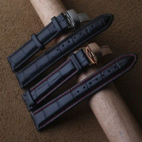 Crocodile Grain Cowhide Leather Watchband Black with red line 20mm 22mm Butterfly buckle fit Mido TiSSot oMEGA Mens Lady watches