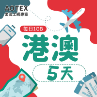【AOTEX】5天香港上網卡澳門上網卡每日1GB高速4G網速(港澳手機SIM卡網路卡預付卡無限流量)
