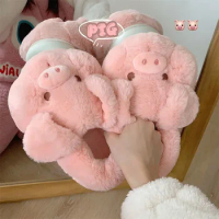 Pink fluffy pig slippers women slip on animal slides indoor house furry cotton shoes warm 2024 new g