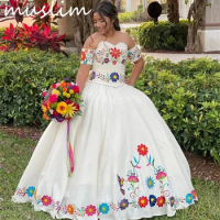 Mexican Theme White Quinceanera Dress 2024 Princess Embroidery Colorful Flower Vestido De 15 Quinceañera 2024 Debutante Birthday