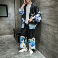 2022 New Japanese Style Harajuku Wide Leg Pants Wave Pattern Samurai Man Haori Cardigan Jacket Loose Style Sunscreen Tops Yukata
