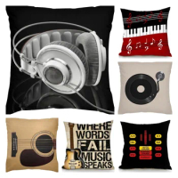 Home Decor Pop Band Cushion Cover Black Guitar Music Pillowcase Retro Speaker Piano Rock White