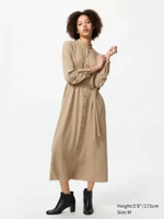 UNIQLO Gaun Kemeja Rayon wanita Shirt Dress Beige S