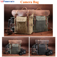 Powerwin Waterproof Photography Backpack Batik Canvas Leather Camera Bag for Canon/Nikon DSLR SLR Lens Tripod Flash Laptop
