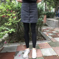 【YAKPAK】台灣製假兩件涼感黑灰格紋百搭女長褲裙(黑灰格)