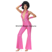 New Women Sexy Vintage 70s 80s Hippie Pink Costume Cosplay Jumpsuit Suit Halloween Retro Disco Enthusiast Fancy Dress