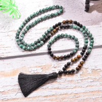 8mm African Turquoise Black Onyx Tiger Eye Beads Necklace Bracelet Japamala Set Meditation Yoga Prayer Jewelry 108 Mala Rosary