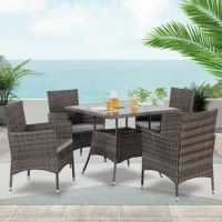 Wicker Outdoor Table and Chairs, Patio Dining Set w/Square Glass Tabletop and Umbrella Hole, Patio Table and Chairs Set