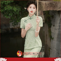 S-3XL加大 蕾絲短袖長旗袍復古中國風經典改良式時尚修身側八扣超顯瘦日常連身裙洋裝～古韻傾城。吹花嚼蕊(綠)。水水女人國