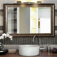 現代簡約木色仿古浴室鏡美式衛生間鏡子衛浴廁所鏡壁掛鏡復古掛鏡