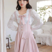 French Sweet 2 Piece Set for Women Bow Lace Square Neck Flare Sleeve Shirt Pink Strap Dress Elegant Suit Women's Outfits Autumn