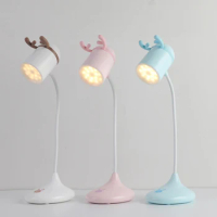 Mini Cute Antlers Bedside Table Lamp Rechargeable Led Lights, Children Study Desk Lamp Touch Dimming Brightness Lamp for Home